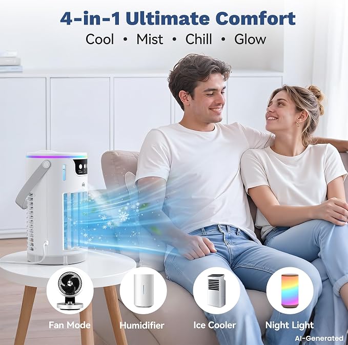 Portable Air Conditioners Desktop AC Unit with Water Ice Cooling Mist, Personal Evaporative Air Cooler Fan Mini Swamp Cooler for Bedroom, Nightstand, Office, Dorm, RV (White)