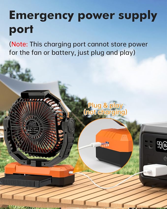 3-in-1 Camping Fan - 36000mAh Detachable Portable Fan Rechargeable with Light & Hook, Battery Powered Fans for Outdoor, Indoor, Tent, Fishing, Travel, Hurricane, Summer Gifts for Men - Orange