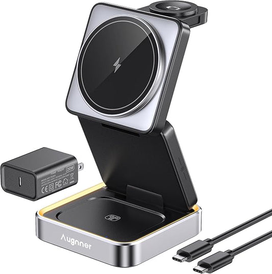 【2026 Upgraded】Wireless Charger 3 in 1, Foldable Wireless Charging Station with Night Light for Apple MagSafe Charger, Travel Magnetic Charger Stand, Nightstand Fast 15W Charging Station (20W Adapter)