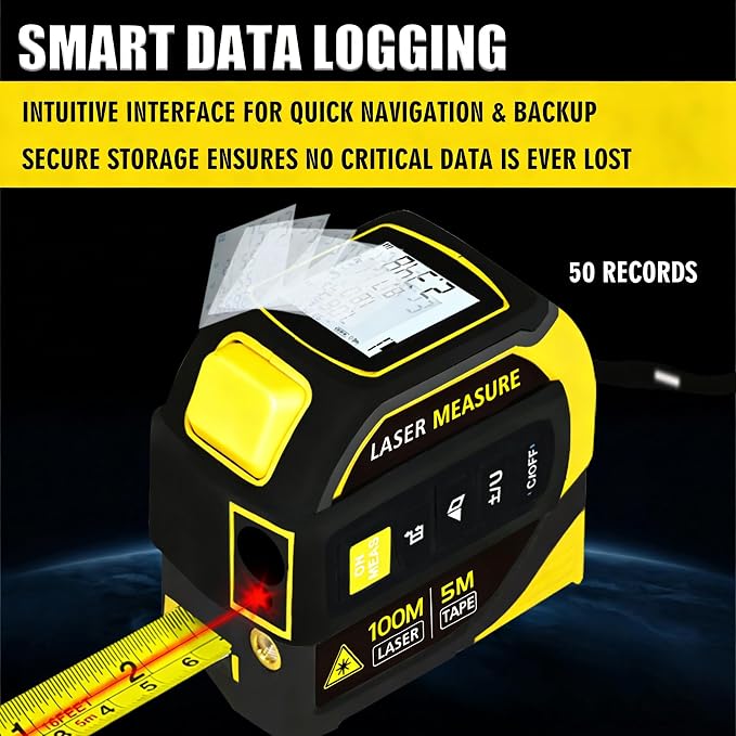 4-in-1 Laser Tape Measure 328FT, Digital Laser Distance Meter,16FT Steel Tape, Dual-Axis Electronic Angle & Crosshair Level,Area/Volume/Pythagorean,LCD Rechargeable Measuring Tool(Yellow)