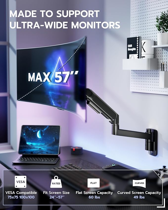 ARES WING Monitor Wall Mount for 24-57 Inch Ultrawide Gaming Screens, Premium Heavy Duty Monitor Arm Holds 60 lbs, Full Motion Gas Spring, Bearing Head for Easy Adjustment, 75/100 VESA Mount, Black