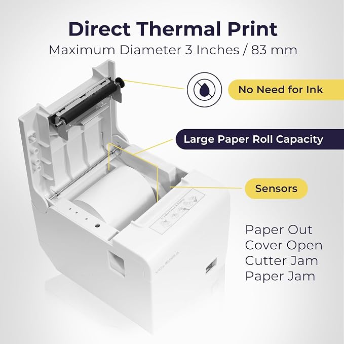 Volcora Thermal Receipt Printer, 80mm POS Printer w/Auto Cutter, USB/WiFi Interface for Windows/MAC/Linux, ESC/POS Command Support Cash Drawer, High Speed Kitchen Printer, Wall Mount (White)