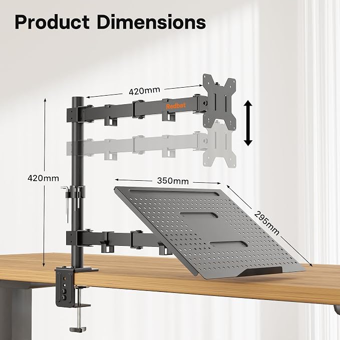Redbat Monitor and Laptop Mount Stand, Fully Adjustable Monitor Arm with Vented Tray for 13" to 32" LCD Screens and Notebook up to 16", Holds up to 22lbs, VESA Compatible, Dual Mounting Options