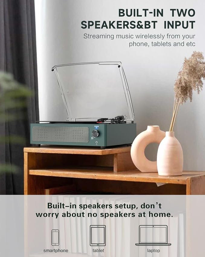 Record Player with Speakers Turntable for Vinyls Records Belt-Driven Turntables LP Vinyl Players Support Auto Stop 3-Speed 3 Size Wireless Playback Headphone AUX RCA Line Out New Sleek Dark Blue