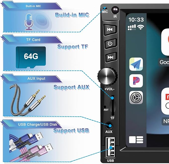 Wireless Double Din Car Stereo Works with Apple Carplay,7 Inch HD 1024 * 600 Touchscreen with Bluetooth 5.1,FM Car Radio,GPS Navigation,Backup Camera,Android Auto,Voice Control,USB/AUX/TF/SWC