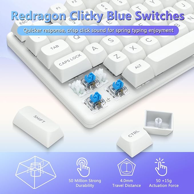 Redragon K710 Wireless Mechanical Gaming Keyboard, Bluetooth/2.4G/Wired Tri-Mode, RGB Backlit, Clicky Blue Switch, Rechargeable Battery, Solid Metal Panel, PBT Keycaps for PC/Mac, White
