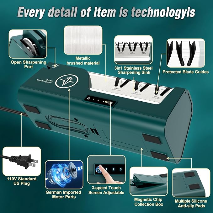 Professional Electric Knife Sharpener with 100% Diamond Abrasives & Precision Angle Guides, 3-Speed Variable 4-Stage Open Touch-Screen Knife Sharpener for Straight, Serrated Edges, Scissors & Axes | 100% Diamond Abrasives, Precision Angle Guides, 3-Spe...