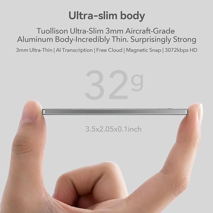 Ultra-Thin AI Voice Recorder with APP Control Support Unlimited Transcribe & Summarize, AI Note Taker with DSP Noise Cancellation,AI Recording Device for Meetings, Interviews, Lectures, Calls, Grey