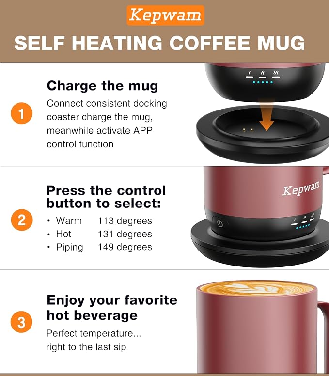 Kepwam Self-Heating Coffee Mug T1, 16oz Rechargeable Heated Coffee Mug, Smart Coffee Warmer Mug with App-Controlled,Advanced Temperature-Controlled Heating Coffee Gifts for Women Men Coffee Lover