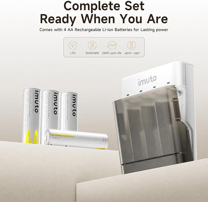 imuto 4 AA Battery Powered Emergency Charger, Supports Alkaline NiMH Lithium AA Batteries, USB-C Input Output, Built-in Flashlight, Includes 4 Pack 3600mWh Rechargeable Lithium AA Batteries