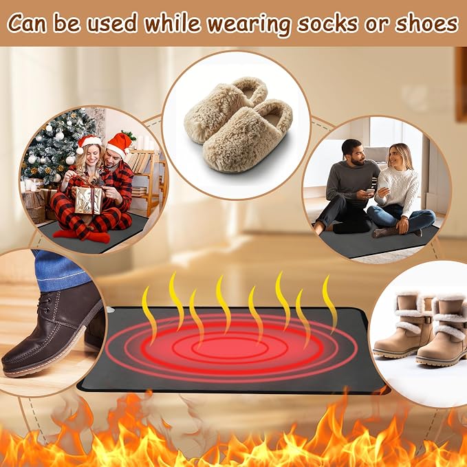 QOUBAI PVC 110V Heated Floor Mat Heater for Foot Warmer Under Desk 31.5 x 20 Inch Electric Heating Pad Energy Saving Carpet Pad Indoor Floor Heated Rug for Home Office Bathroom House Black