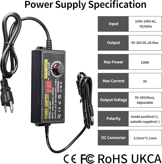 108W Universal Power Supply Adjustable 9V~36V DC Switching Adapter 100V-240V AC to DC Converter Transformer with LED Voltage Display,14 Tips & Polarity Converter,9V12V15V18V20V24V...36V Power Supply