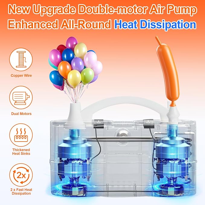 FLSEPAMB Electric Balloon Pump, 3-in-1 Portable Electric Air Balloon Blower Machine Balloon Pump 2 Motor Dual Nozzle Balloon Inflator for Latex 260Q Long Foil Balloons Swimming Rings Air Beds