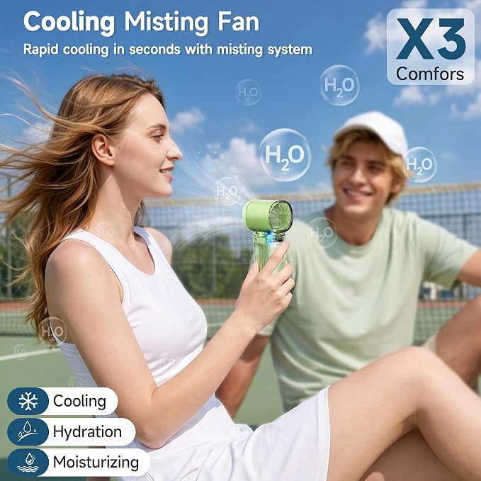 Handheld Misting Fan, Portable Personal Turbo Fan with Nano Mist Spray, 6 Wind Speed, 40ml Water Tank, LED Light, 3000mAh USB Rechargeable for Travel, Outdoors, Camping, Home and Office Use - Green