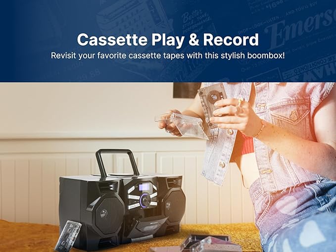 Emerson Portable CD Player Boombox with Cassette Player, Tape Recorder, AM/FM Radio, MP3 AUX Input, Detachable Speakers, AC/DC & Battery Operated – Stereo System for Home, Travel, Indoor & Outdoor Use