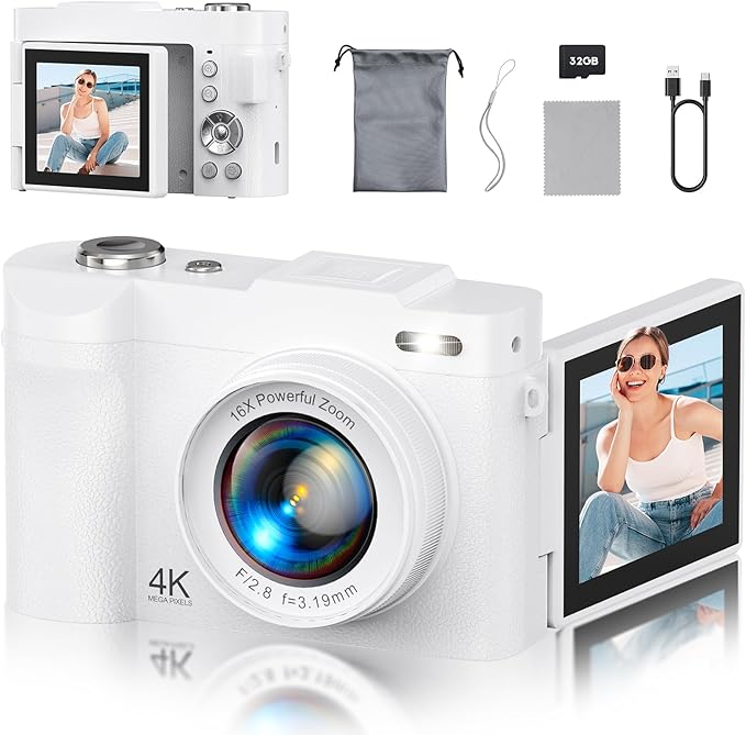 4K Digital Camera for Photography, 50MP Vlogging Camera for YouTube, Compact Cameras with 2.8" 180° Flip Screen, 16X Digital Zoom, Point and Shoot Camera with 32GB SD for Beginners, Travel, White