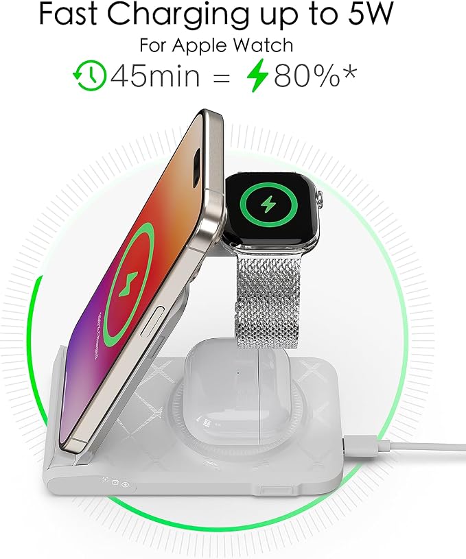 3 in 1 Charging Station for Multiple Devices,Travel Wireless Charging Station, Foldable Charger for iPhone 17 Air 16 15 14 13 12 Series,& Android Phone,& iWatch (USB-C Adapter Included)