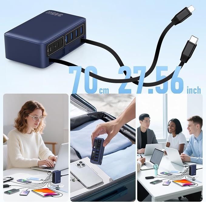 345W USB C Charger 10 in 1 Retractable Wall Charger with 2 Cables,GaN 6 USB C Charging Station Phone Charging PD Laptop Charger Adapter for MacBook Pro/Air,DELL,iPhone17/16/15,Galaxy S24,Android etc