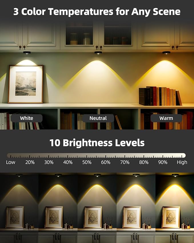 Rechargeable Puck Lights (6Pcs) with Remote, 1500mAh Battery, Dimmer & Timer, Wireless Led Stick on Lights for Bedroom, Kitchen