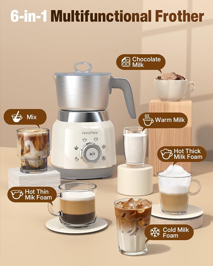 Milk Frother and Steamer, 6 in 1 Electric Foam Maker for Coffee, 16.9oz/500ml Milk Warmer for Latte, Macchiato, Cappuccino, Hot Chocolate Maker, Dishwasher Safe (White)