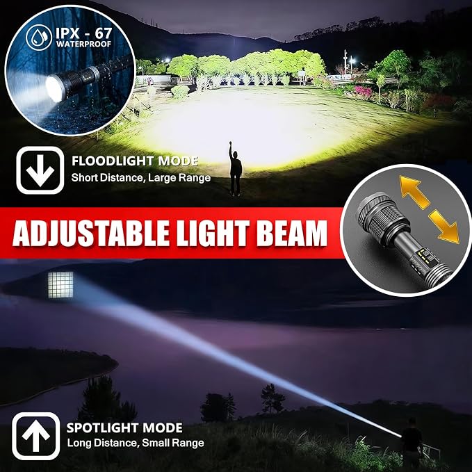 Rechargeable Tactical Flashlight 15,000 High Lumens with USB Output | 120W XHP360 LED Super Bright Zoomable Flashlight, 2624FT Long Range, IP67 Waterproof for Emergency, Outdoor Camping & Hunting