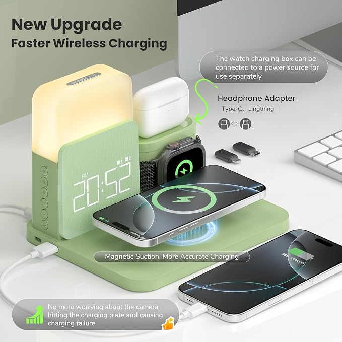 Wireless Charging Station, 7 in 1 Wireless Charger Stand with Dual Alarm Clock, Charging Dock for iPhone16/15/14/13/12/11/Pro/Max/Samsung Phone, Apple Watch 9/8/7/6/5/SE, AirPods/3/2