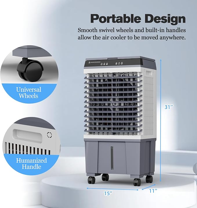 Portable Evaporative Cooler, Swamp Cooler Air Conditioner 5 Gal Water Tank | 1700 CFM, 120° Oscillation, 3 Speeds&Modes,12H Timer, Remote&Touch, for Garage, Large Room, Dry Climate