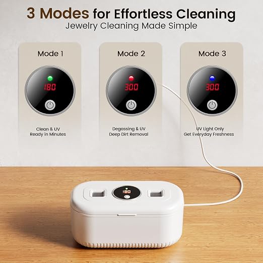 48Khz Ultrasonic Jewelry Cleaner, 30W Ultrasonic Cleaner with 2 UV Lights and Dual Brush Ports, 3 Modes Jewelry Cleaner Ultrasonic Machine with Digital Timer, 12OZ Pod for Eyeglasses, Rings, Retainer