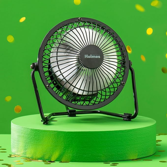 HOLMES 4" Mini High-Velocity Personal Desk Fan, 4 Blades, Adjustable 360° Head Tilt, Durable Metal Construction, Single Speed, Ideal for Home, Dorm Rooms, Bedrooms, or Offices, Black