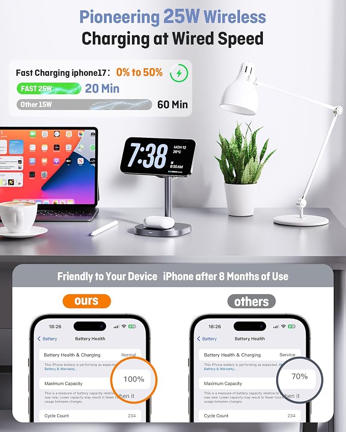 Augnner 3 in 1 Wireless Charging Station, 25W Certified Fast Magnetic Charger, Mag-Safe Wireless Charger Stand with TEC Active Cooling, for iPhone17/16/15/14/13/12, Apple Watch/AirPods