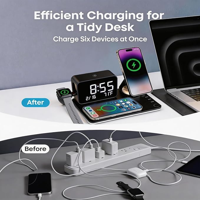 25W Magnetic Wireless Charging Station with Bluetooth Clock, 7-in-1 Rotatable Stand with Dimmable LED Lamp, 65W Adapter, Charger for iPhone 17/16/15 Apple Watch AirPods Bedside Nightstand Desk