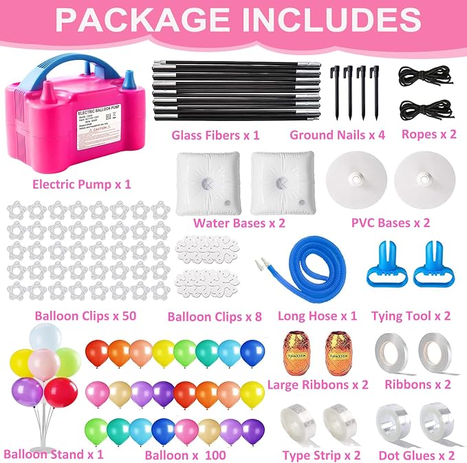 Balloon Arch Kit and Balloon Pump, 9Ft Tall & 10Ft Wide Adjustable Balloon Arch Stand with Water Base, Electric Pump, Balloons and Accessories for Wedding Birthday Party Decoration