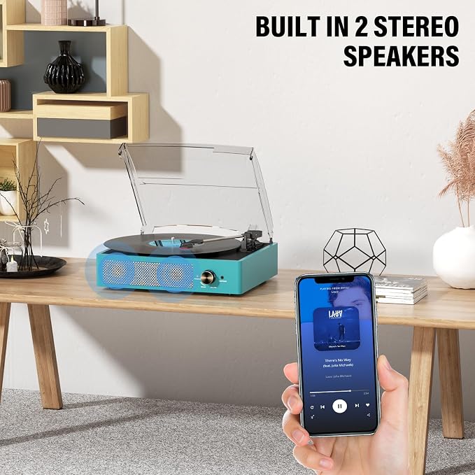 Record Player for Vinyl with 2 Build-in Speakers LP Vinyl Players Belt-Driven Vintage Turntables 3 Speed 3 Size, Wireless Bluetooth Playback, AUX-in, RCA Out, Headphone, Auto Stop Sea Blue