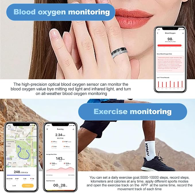 Smart Ring for Women & Men, AI Health Monitor with Blood Oxygen & Stress Tracking, No Subscription Fee, IP68 Waterproof Diamond-Encrusted Black 8#