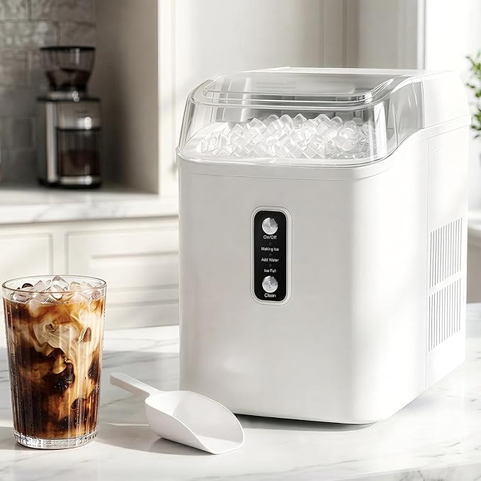 Nugget Ice Maker Countertop, 6-Min Fast Chewable Pellet Ice, 24lbs/24H Portable Ice Machine with Self-Cleaning, Ice Full & Low Water Indicator, Basket & Scoop for Home, Party, RV, Camping (White)
