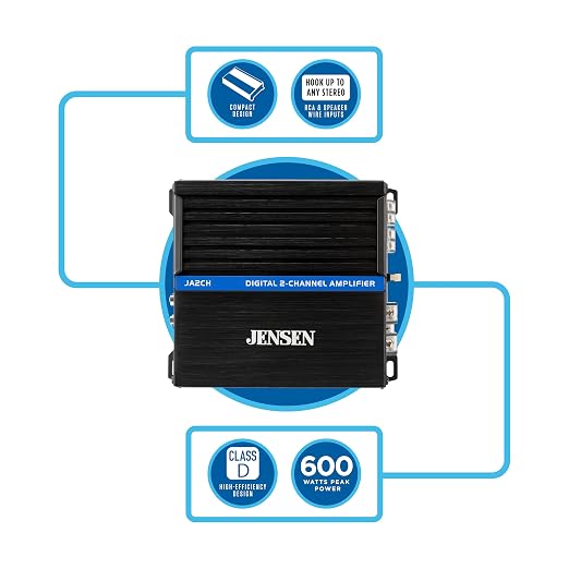 JENSEN JA-Series JA2CH Class-D High-Performance 2-Channel Car Audio Amplifier | Truck, Motorcycle, ATV, Golf Cart | 600 Watts Peak Power | Efficient Compact Design | CTA-2006-D Certified | Bridgeable