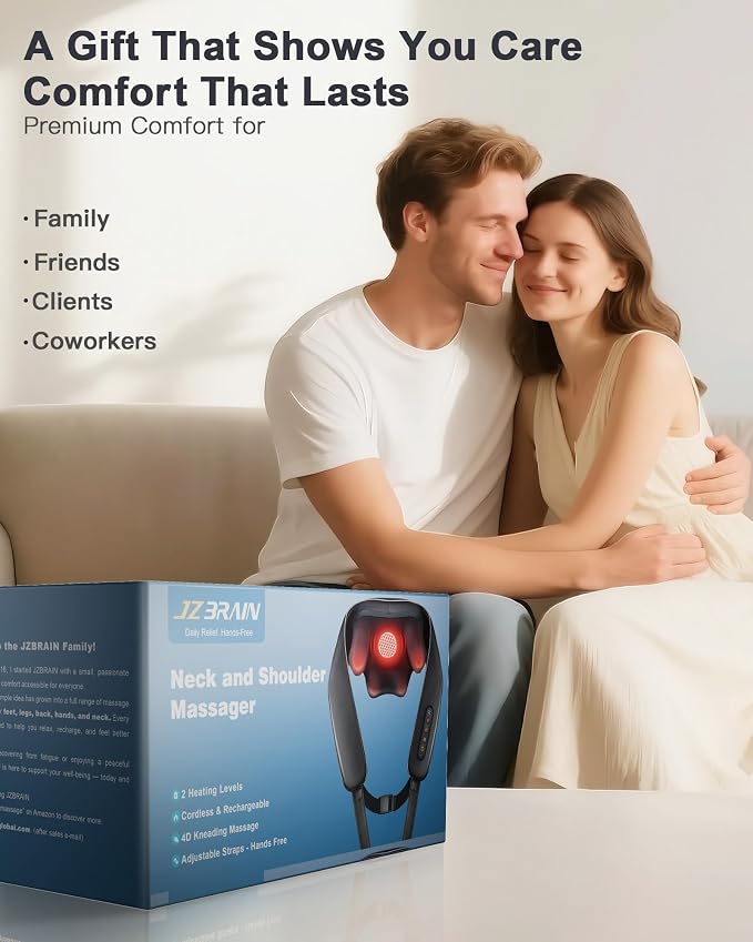 JZBRAIN Cordless Shiatsu Neck and Shoulder Massager with Heat & Kneading | 2000mAh Rechargeable Battery Hands-free 3 Modes 2 Intensity 2 Heat Levels Muscle Soreness Stiff Neck Fatigue Relief