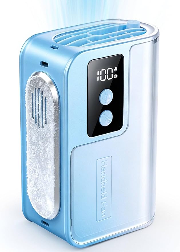 Sunoony Portable Handheld Fan with Ice Cooler, 4000mAh 100Levels Stepless Speed, 20H Long Battery Life, 20000RPM Turbo Fan Rechargeable Personal Mini Fan for Travel, Outdoor, Makeup (Blue)