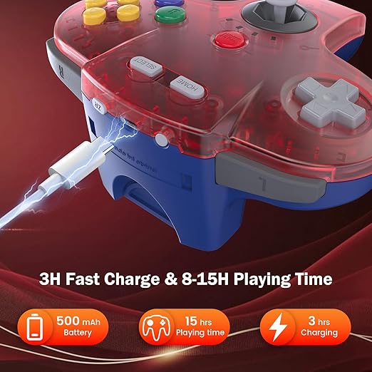 KIWITATA N64 Wireless Controller for Switch Games, 2.4GHZ Rechargeable N64 Remote Joystick Wireless Gamepad Controller Compatible with N64 System, Raspberry Pi, MAC,PC Windows 7,8,10,11 Clear Red