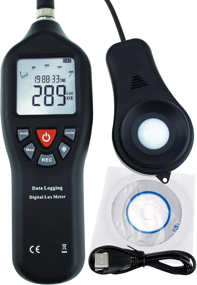 Gain Express Digital Light Meter Lux Meter Measurement Range Detachable Sensor 0 to 200,000 Lux Min/Max/Avg Functions (with Data Record Function) + CD Software w/USB Power Cable
