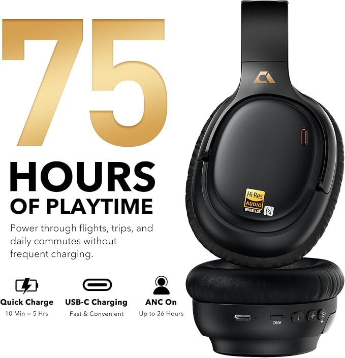 1Mii E700 Noise Cancelling Headphones Bluetooth Wireless Hi-Res LDAC,Black | Hybrid ANC, 75H Battery, Deep Bass, Comfortable Over Ear for Commuters & Traveler, aptX Low Latency for TV & Airplane