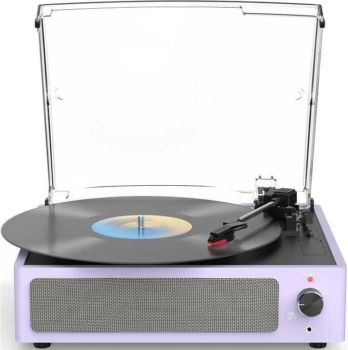 Turntable Vinyl Record Players New Sleek Turn Tables with Speakers Belt-Driven All-in-one LP Phonograph 3-Speed Bluetooth Wireless Playback Headphone AUX RCA Auto Stop Pale Light Purple