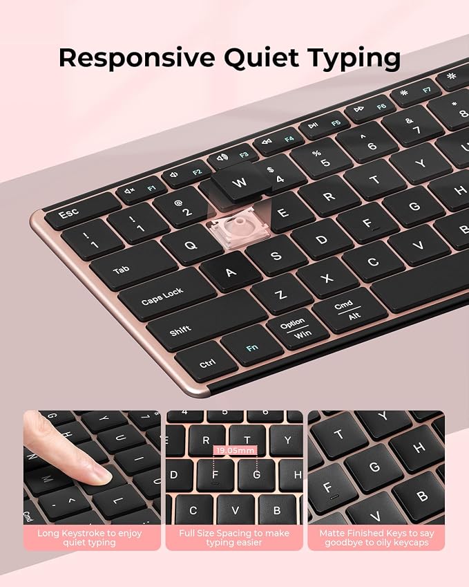 seenda Wireless Bluetooth Keyboard and Mouse Combo, SKM64-3 Rechargeable Slim Quiet Keyboard Mouse, 3 Multi-Device Connection, Compatible for Windows 11/10 PC Laptop Mac MacBook iPad, Black Rose Gold