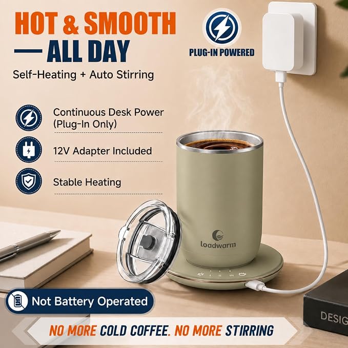 Self Heated Stirring Coffee Mug, 10oz Auto Mixing Cup with Warmer, Green | 3 temp settings, food-grade stainless steel interior, 8-hour auto shut-off, plug-in desk mug with Warmer for office home