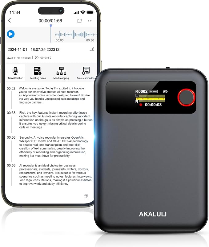 64GB AI Voice Recorder for Calls,Meetings Built-in Magnetic - Voice to Text Sound Audio Recorder with Bluetooth,App Control,Transcribe&Summarize by ChatGPT,Digital Dictaphone Recording Device