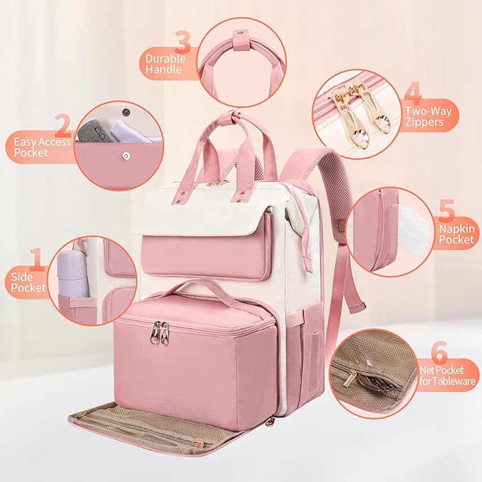 BERTASCHE Lunch Backpack for Women, 15.6 Inch Laptop Backpack with Insulated Cooler Lunch box, Nurse Backpack for Teacher Work Travel College Picnic,Pink-Beige