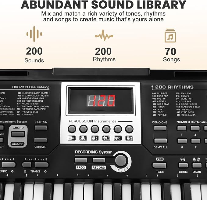 33" 61-Key Electronic Keyboard Piano for Beginners with 200 Tones & Rhythms, Microphone, Learning Features, and Piano Note Stickers, Digital Music Keyboard for Adults