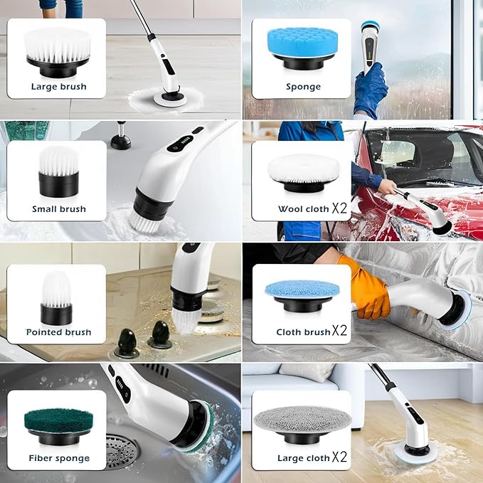 Electric Spin Scrubber, Cordless Cleaning Brush Scrubber with 12 Replaceable Brush Heads, 360 Power Scrubber Dual Speed with Adjustable & Detachable Handle for Bathroom Kitchen Car (White)