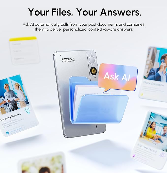 AI Voice Recorder & Transcriber with GPT-5.2 Analysis – 30-Hour Recording, 112-Language Speech-to-Text & Auto Summary for Meetings, Lectures & Interviews,Grey