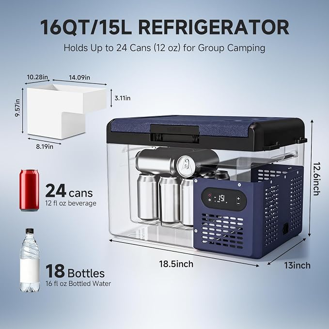 BODEGA 12 volt Car Refrigerator – 16QT Portable， Low Noise, Fast Cooling with LED Display, Multiple Charging Options, Energy-Efficient for Road Trips & Outdoor Adventures